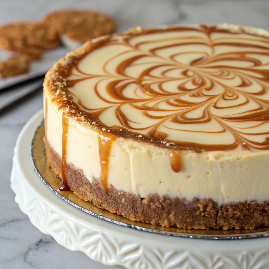 A beautifully decorated Dulce de Leche Cheesecake with a caramel swirl on top and a graham cracker crust.