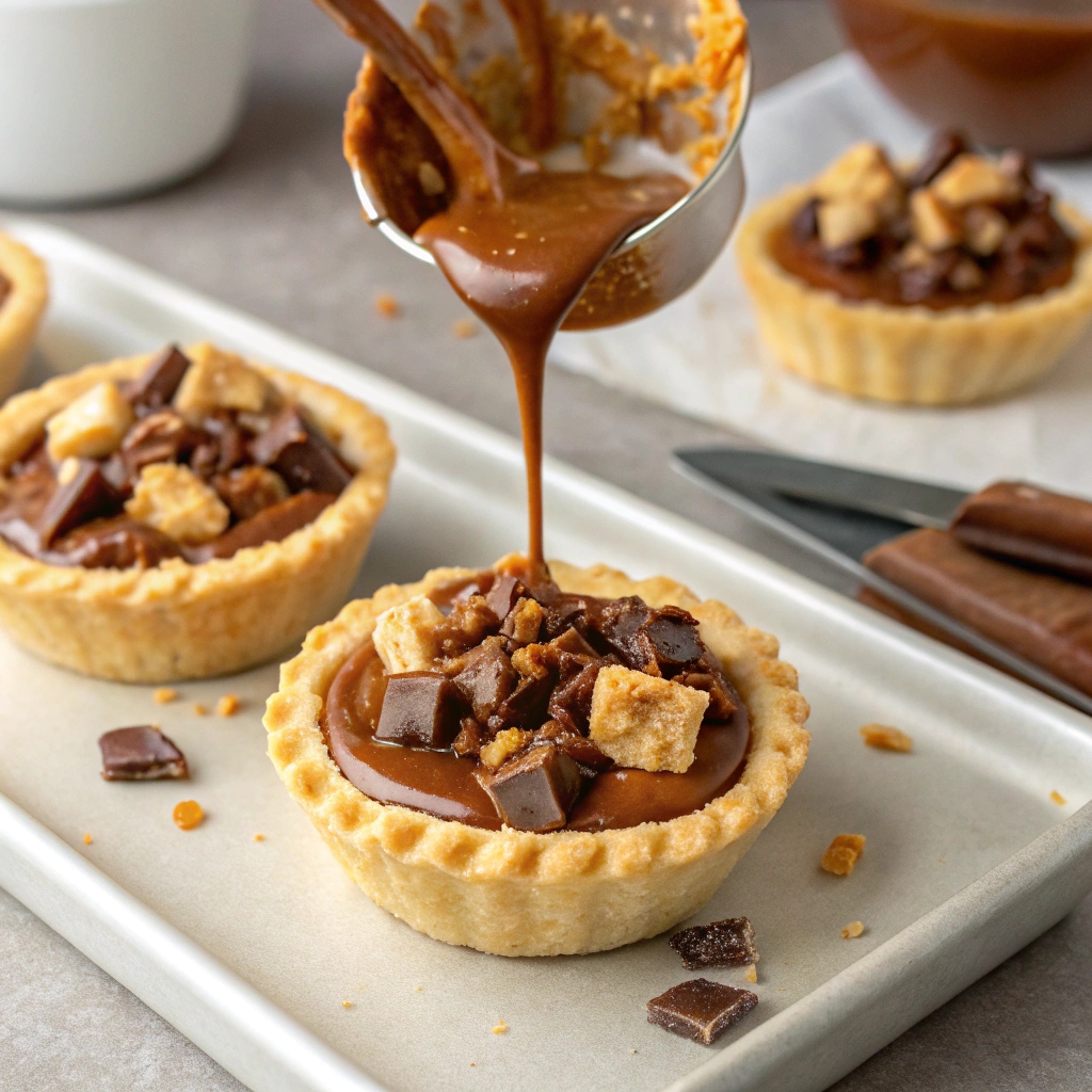 Filling mini pie crusts with caramel sauce, chopped Butterfinger pieces, and melted chocolate drizzle.