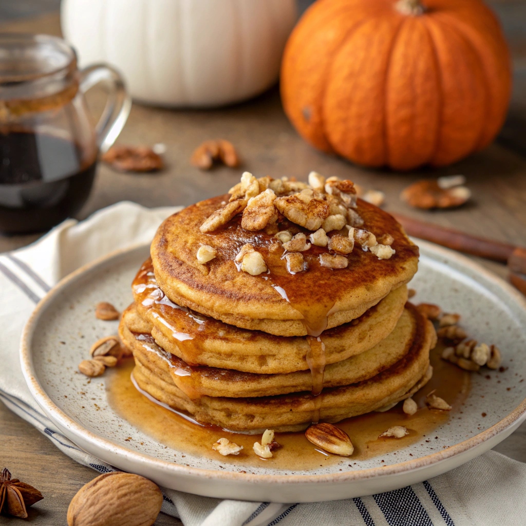 Fluffy pumpkin spice pancakes topped with syrup and nuts, perfect for a cozy fall breakfast.