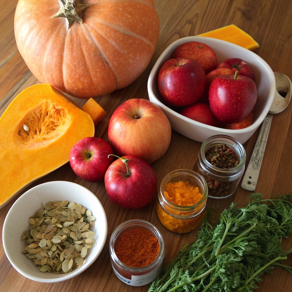 Fresh pumpkin, apples, butternut squash, and spices ready for fall recipes