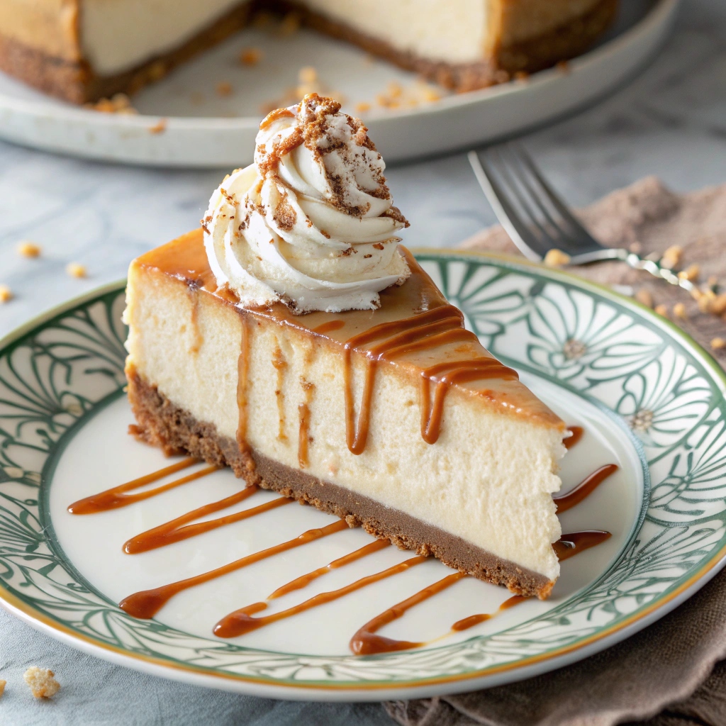 Slice of Dulce de Leche Cheesecake topped with whipped cream and caramel drizzle on a decorative plate.