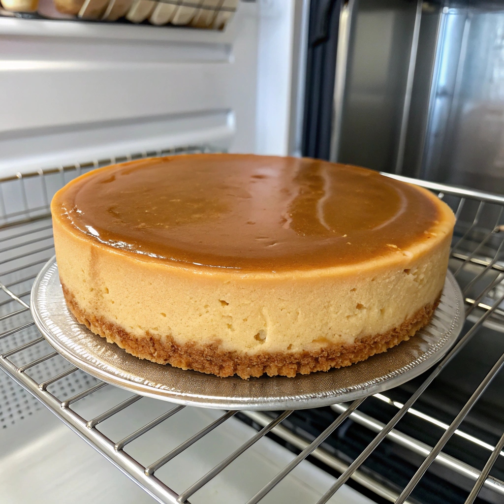 Chill the assembled Dulce de Leche Cheesecake in the refrigerator on a wire rack.