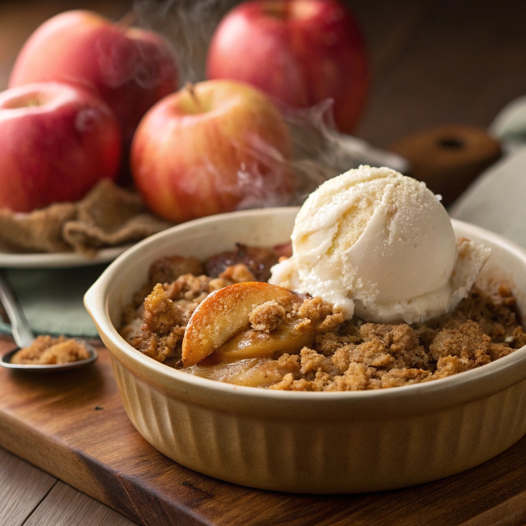 Warm apple crisp topped with vanilla ice cream, ready to serve.