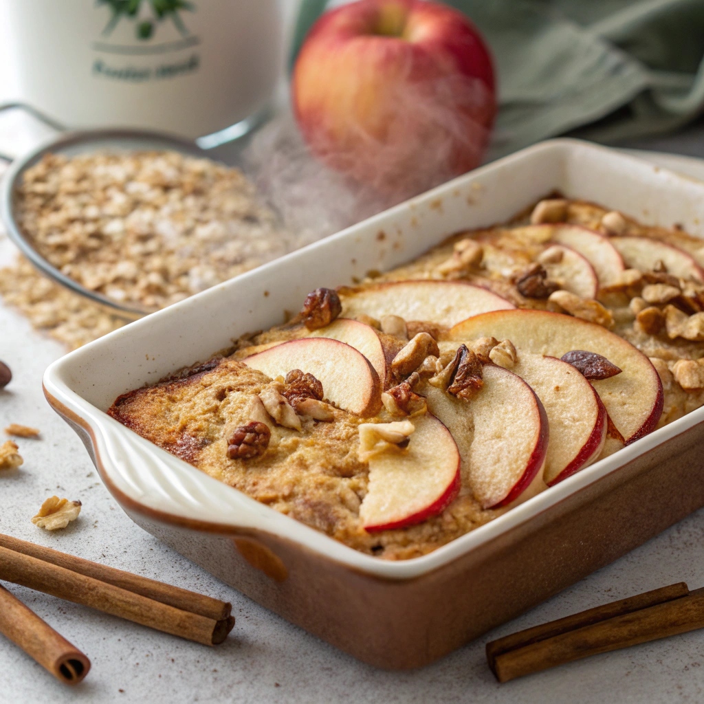 A beautifully baked apple cinnamon cottage cheese oat casserole topped with fresh apple slices and nuts in a baking dish.