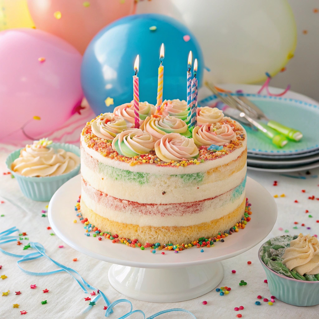 A beautifully decorated homemade vanilla birthday cake with colorful frosting and sprinkles on a festive table.
