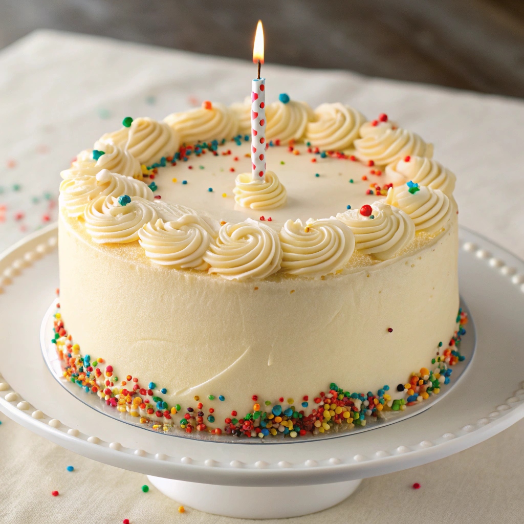 A beautifully decorated vanilla birthday cake with piped borders, sprinkles, and a birthday candle.birthday cake from scratch