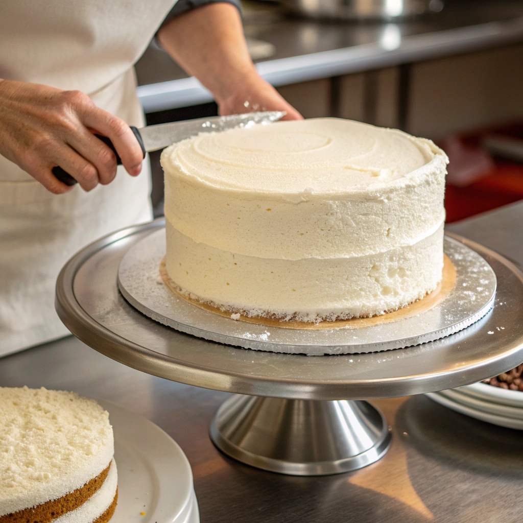  A cake layer being placed on a serving platter after leveling.