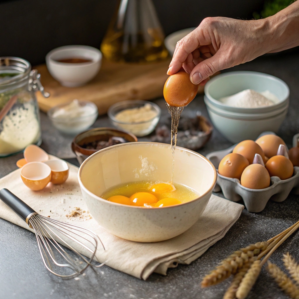 A hand cracking eggs into a bowl with vanilla extract on a kitchen counter.