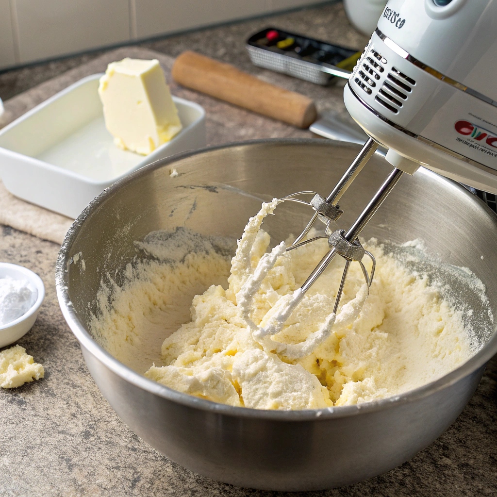 A mixer blending flour mixture and milk in a bowl, with batter swirling on low speed.