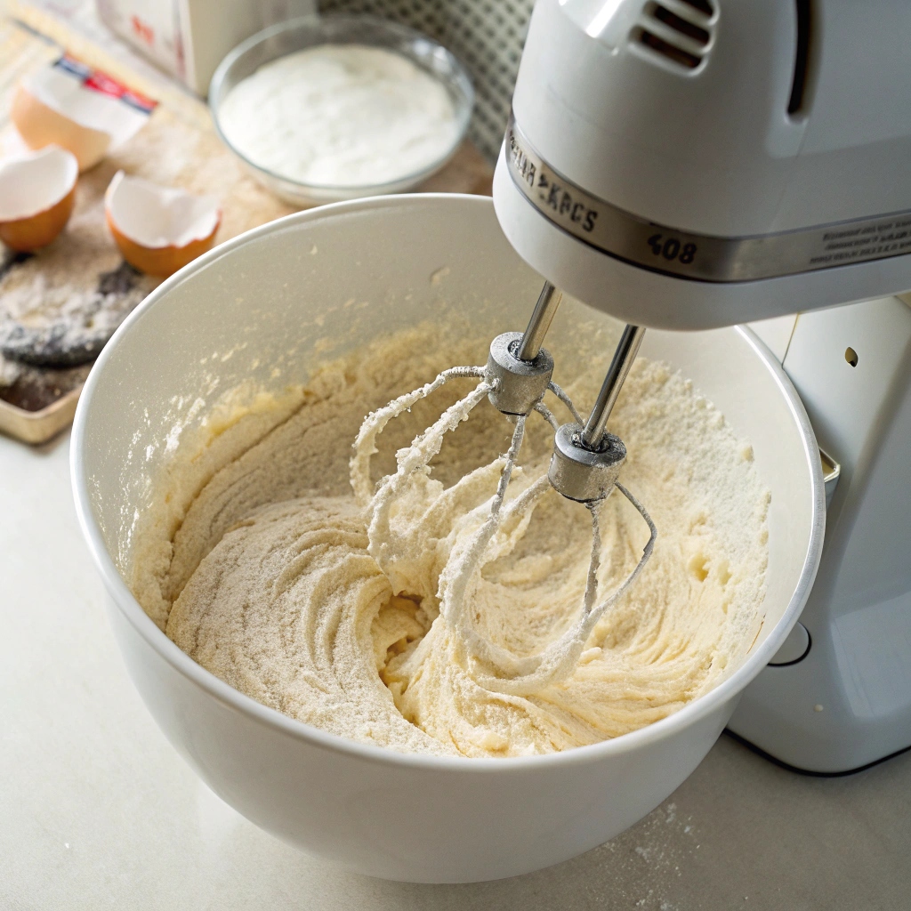 A person sifting flour and baking powder into a mixing bowl through a fine sieve.
