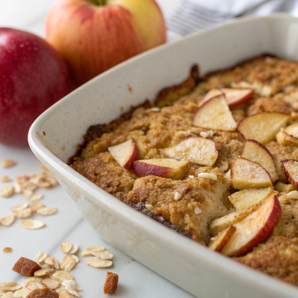 Oven with the apple cinnamon oat mixture baking inside, golden edges forming.