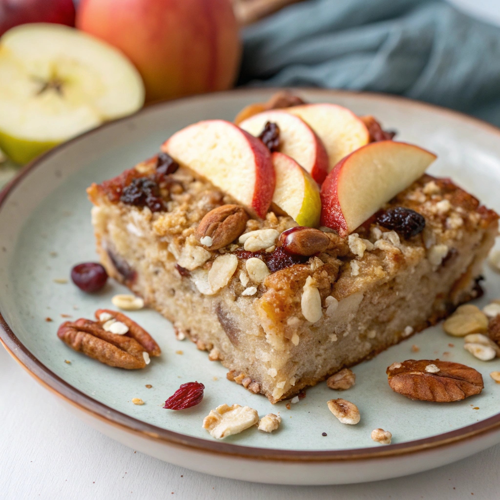 Close-up of the baked Apple Cinnamon Cottage Cheese Oat Bake showing a golden crust and soft apple pieces.