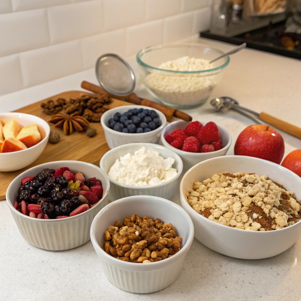 A variety of customizable ingredients for the Apple Cinnamon Cottage Cheese Oat Bake, including chopped nuts, dried fruits, fresh berries, and spices displayed on a kitchen counter.