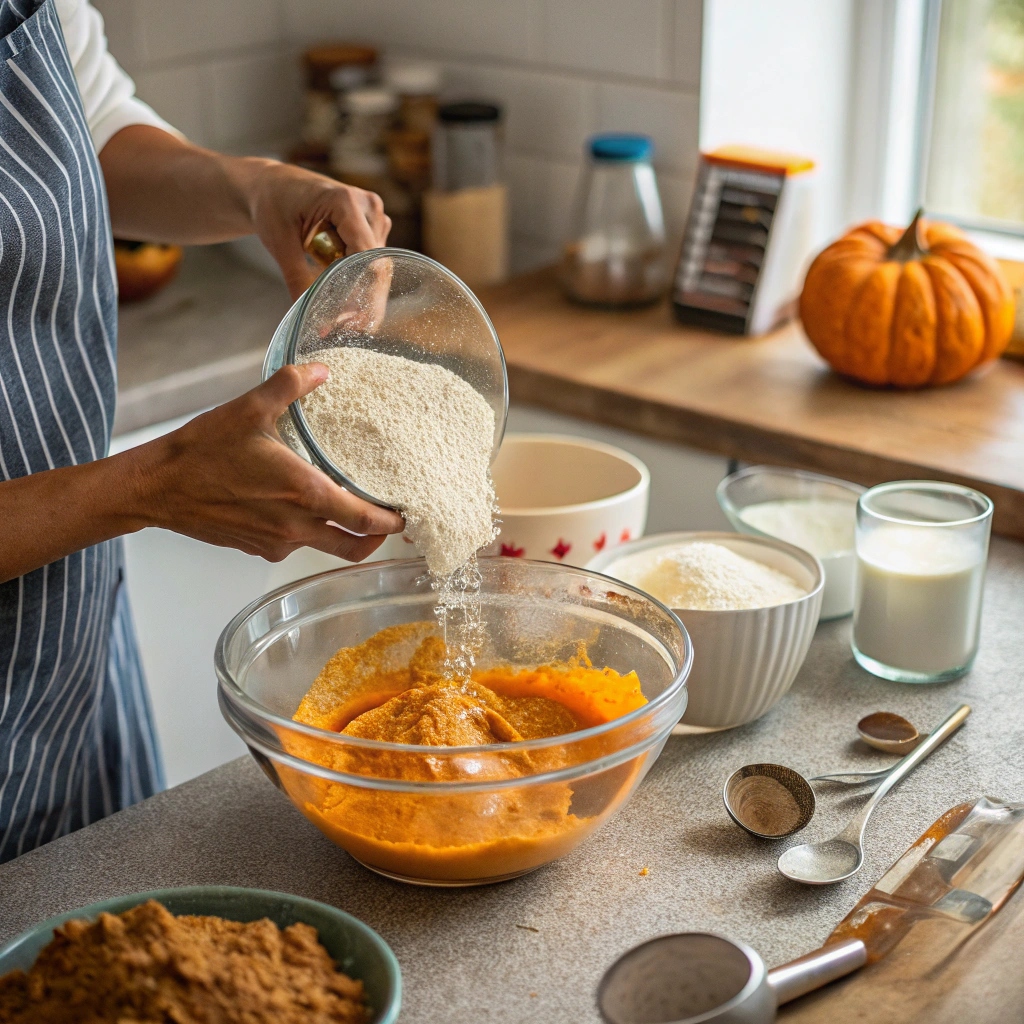 Adding dry ingredients to wet pumpkin mixture for Protein Pumpkin Muffins
