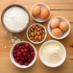 Array of ingredients for the Crispy Almond Red Fruit Cake including almonds, red fruits, flour, eggs, and sugar.