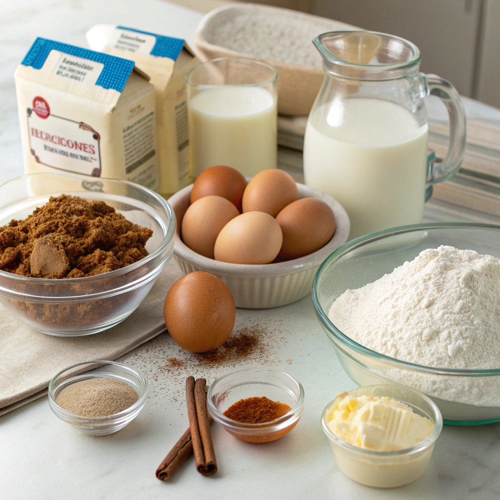 Assorted ingredients for cinnamon roll muffins, including flour, sugar, cinnamon, eggs, milk, and cream cheese.
