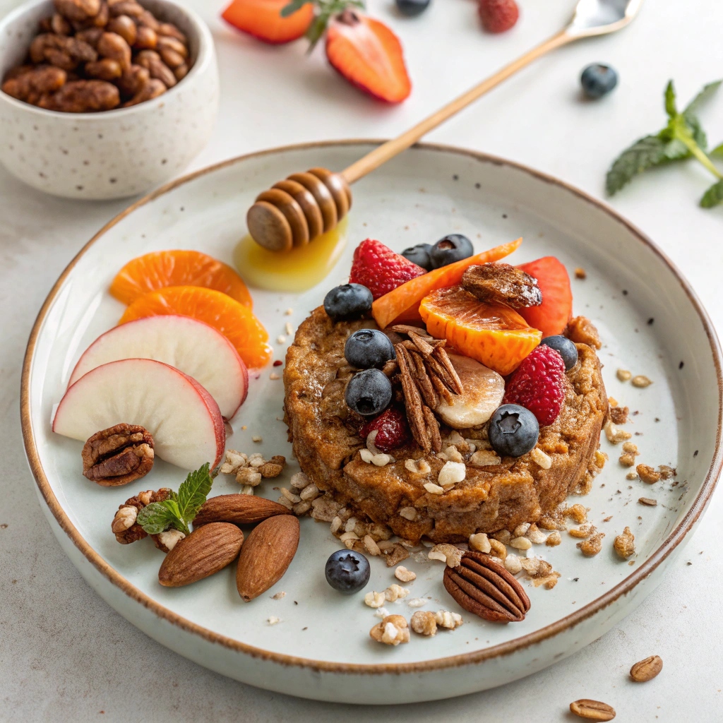 Beautifully plated Carrot Cake Baked Oats with toppings for a nutritious breakfast.