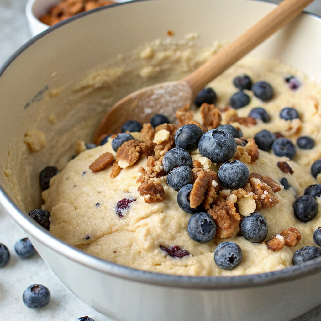 Fresh berries and chopped nuts added to muffin batter before baking