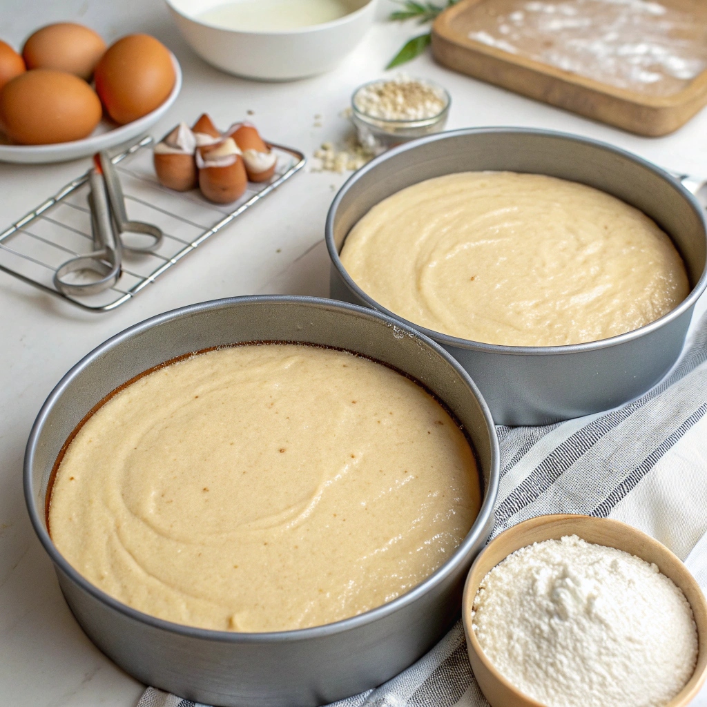 Cake batter evenly divided into two greased 9-inch round pans.