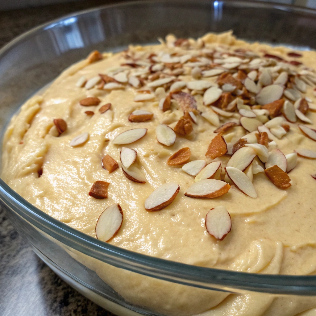 Cake batter with sliced almonds sprinkled on top before baking.