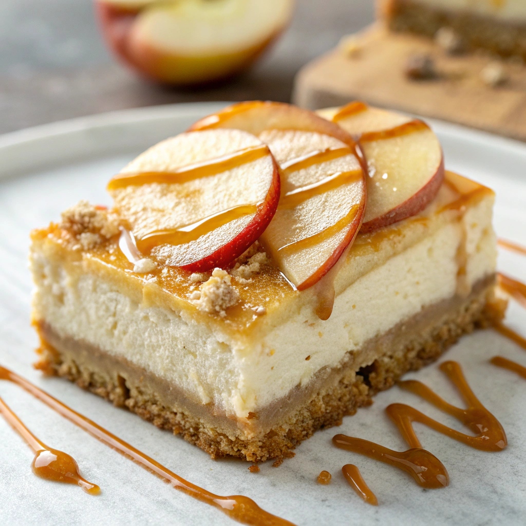 Close-up of a single slice of Caramel Apple Cheesecake Bar showing layers of crust, filling, apples, and caramel drizzle
