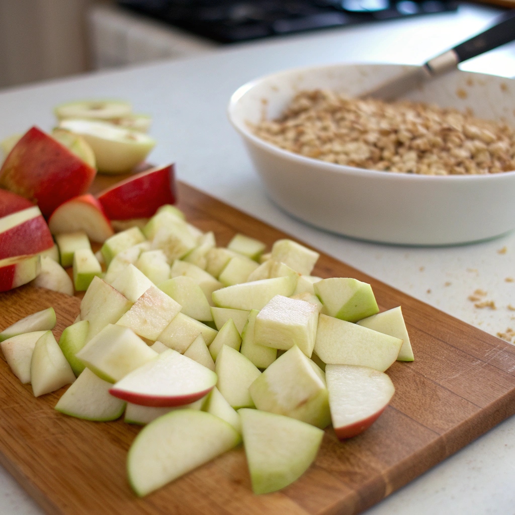 Close-up of diced apples on a cutting board being prepared for the oat bake.