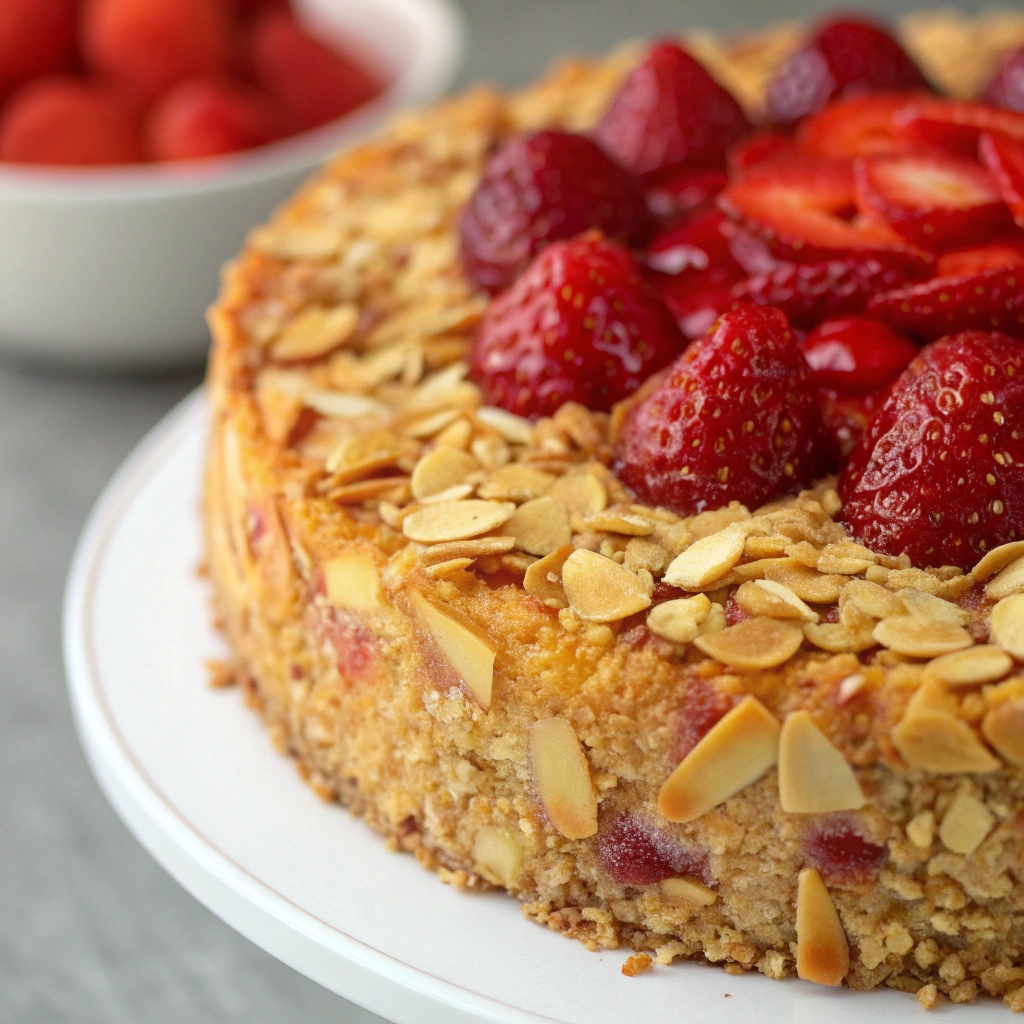 Close-up of the crispy Almond Red Fruit Cake showcasing its golden crispy topping and colorful red fruits.