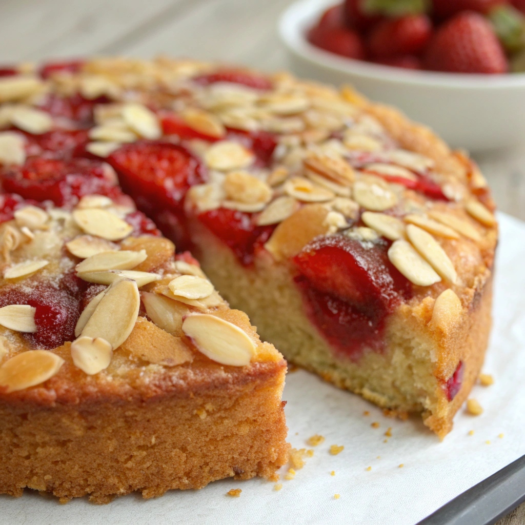 Close-up of the crunchy almond topping and moist interior of the Crispy Almond Red Fruit Cake.