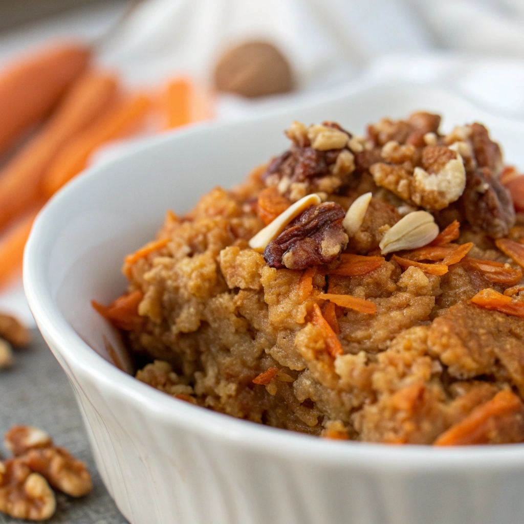 Close-up of the moist and fluffy texture of Carrot Cake Baked Oats.