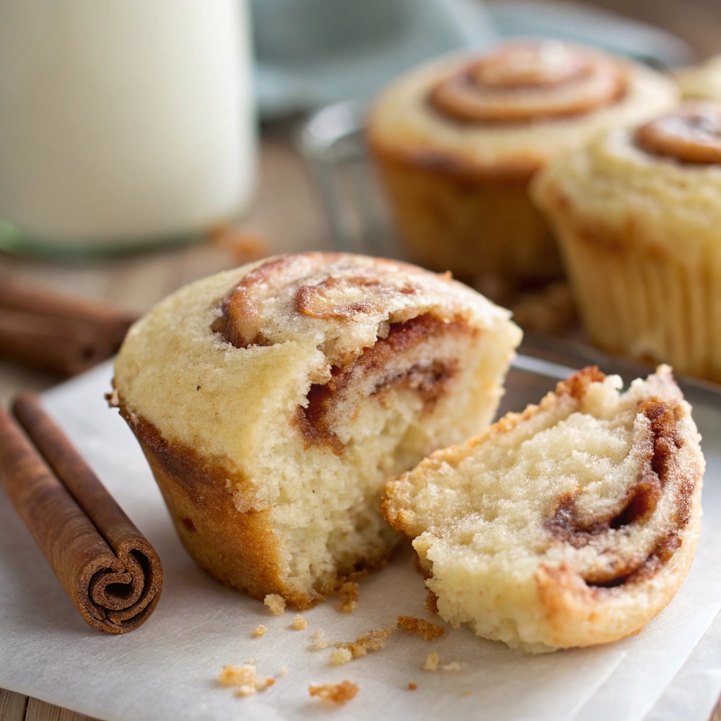 Close-up of the moist, fluffy interior of a cinnamon roll muffin with cinnamon swirl.