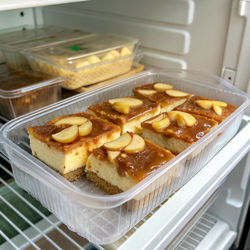 Container of Caramel Apple Cheesecake Bars stored in the refrigerator, showing freshness and proper storage guidelines