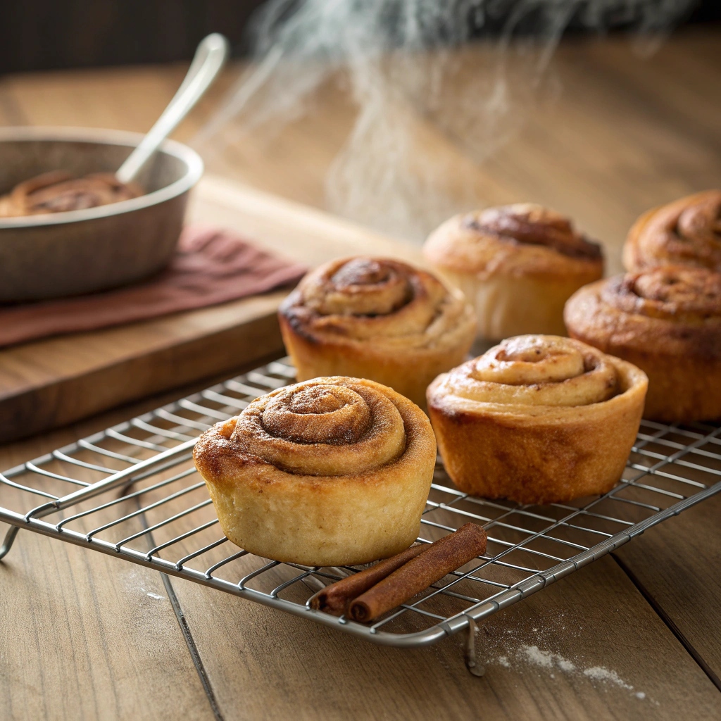 Freshly baked cinnamon roll muffins cooling on a wire rack.