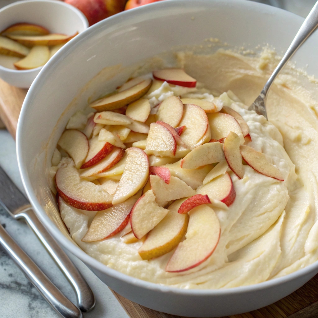 Cream cheese mixture with sliced apples gently folded in, ready to be poured into the crust for Caramel Apple Cheesecake Bars