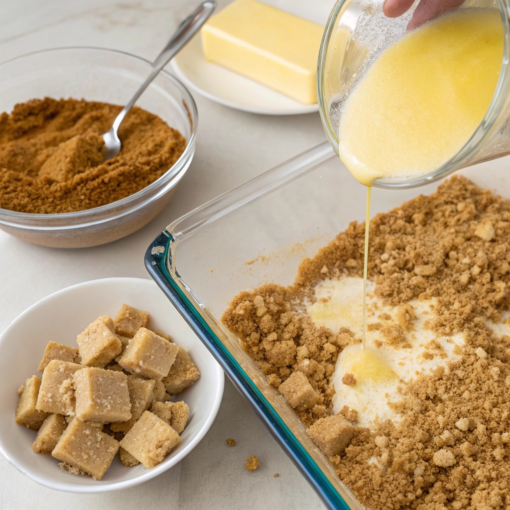 Crushing graham crackers and mixing with melted butter to form the crust for Caramel Apple Cheesecake Bars