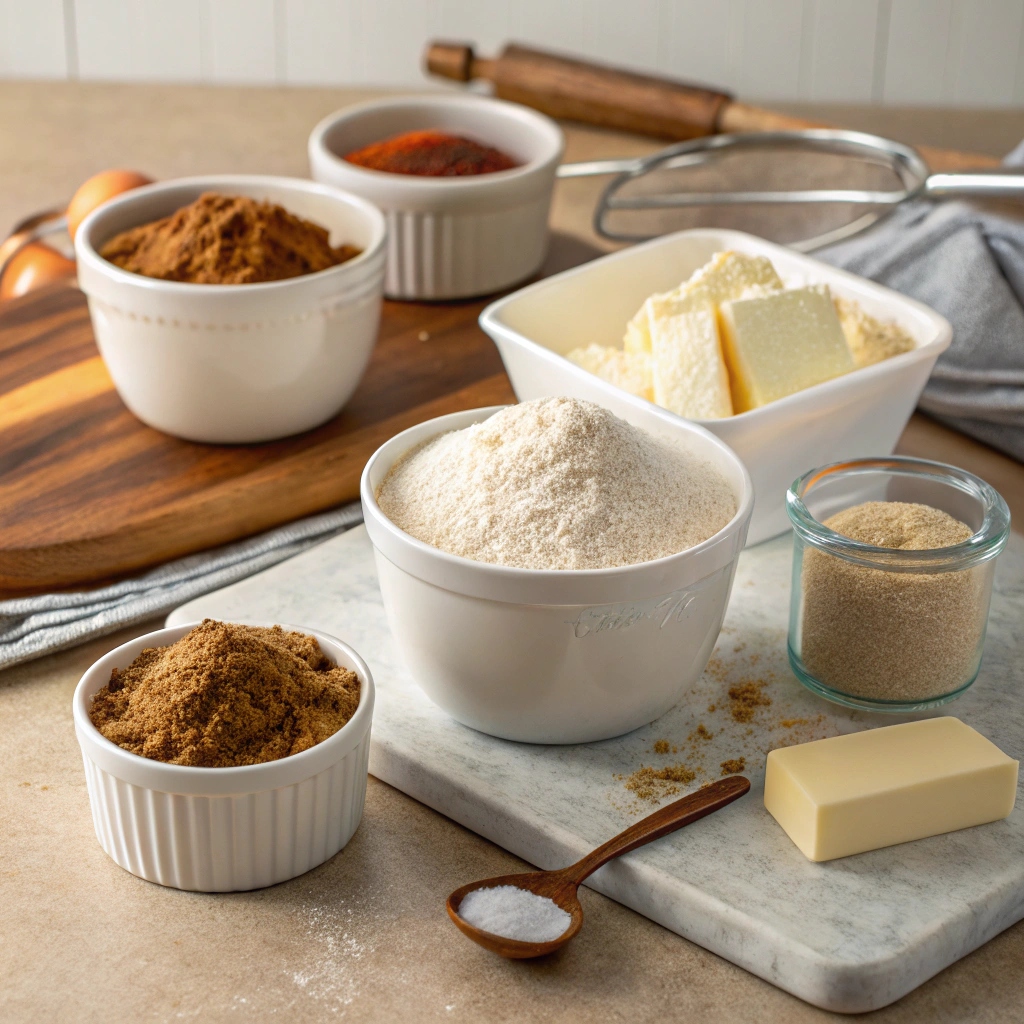  Flour, sugar, cinnamon, and butter measured for making Coffee Cake Muffins