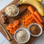 Fresh ingredients for Carrot Cake Baked Oats, including grated carrots, bananas, oats, and spices.