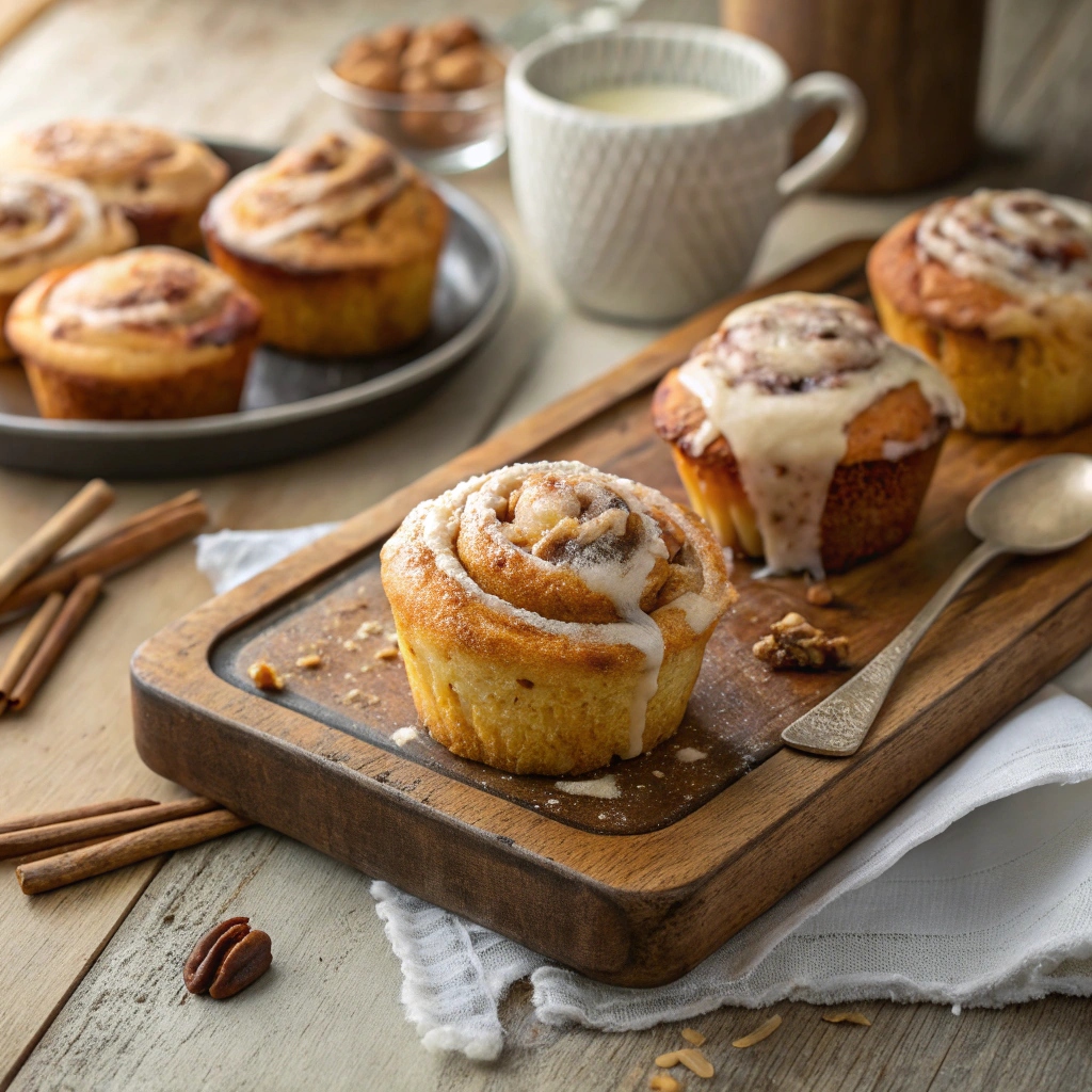 Freshly baked cinnamon roll muffins drizzled with cream cheese glaze on a rustic baking tray.