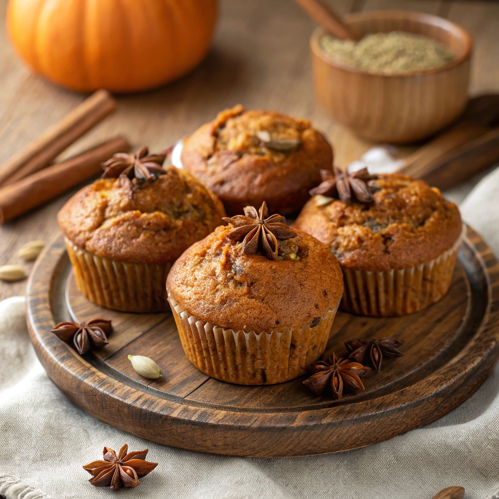 Freshly baked Protein Pumpkin Muffins arranged on a rustic plate with autumn spices