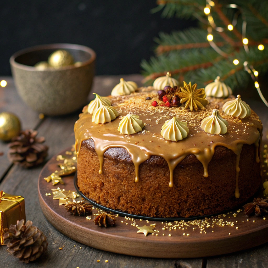 Gingerbread Cake with Sweet Molasses Frosting decorated with edible gold and seasonal sprinkles