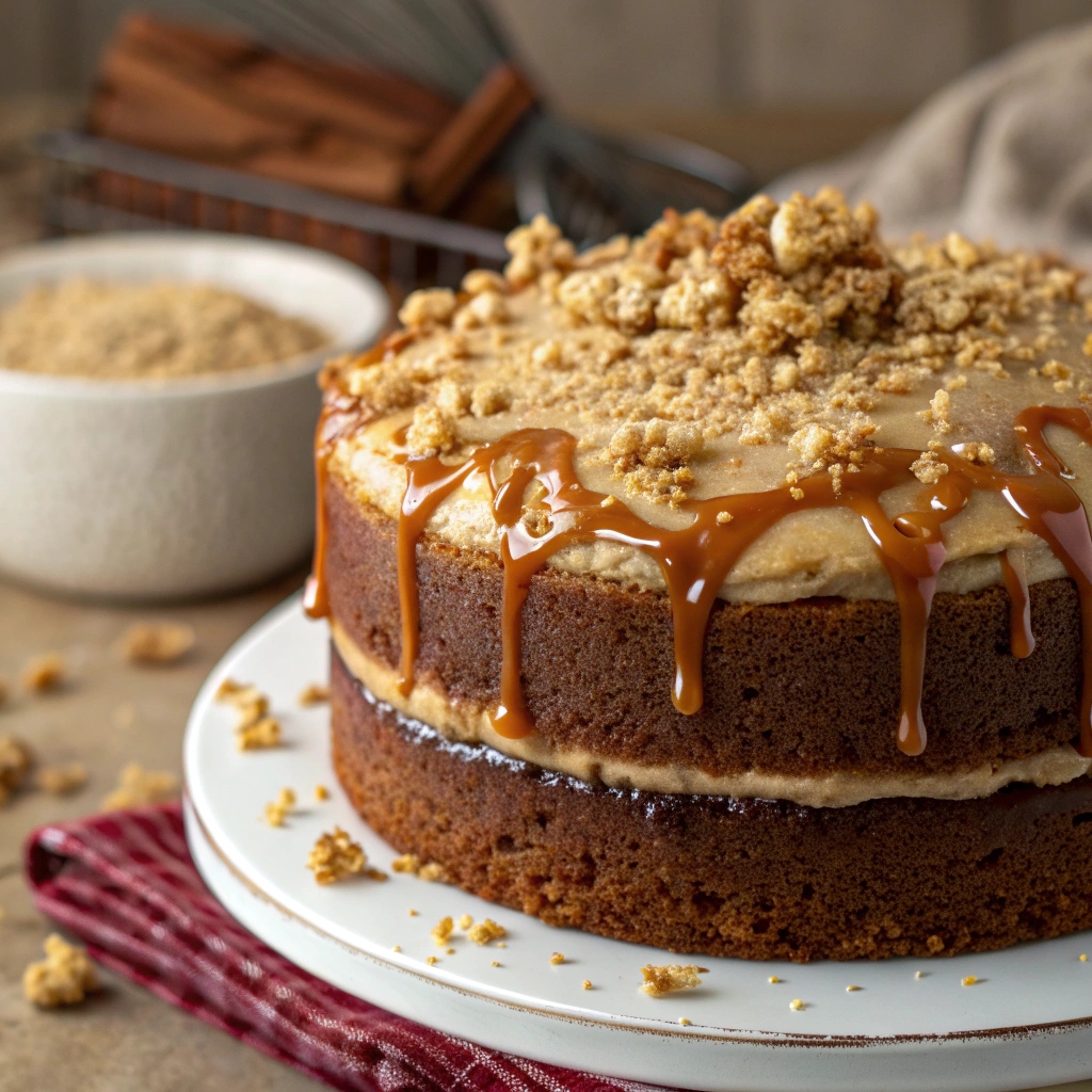Gingerbread Cake with Sweet Molasses Frosting topped with caramel drizzle and crumble