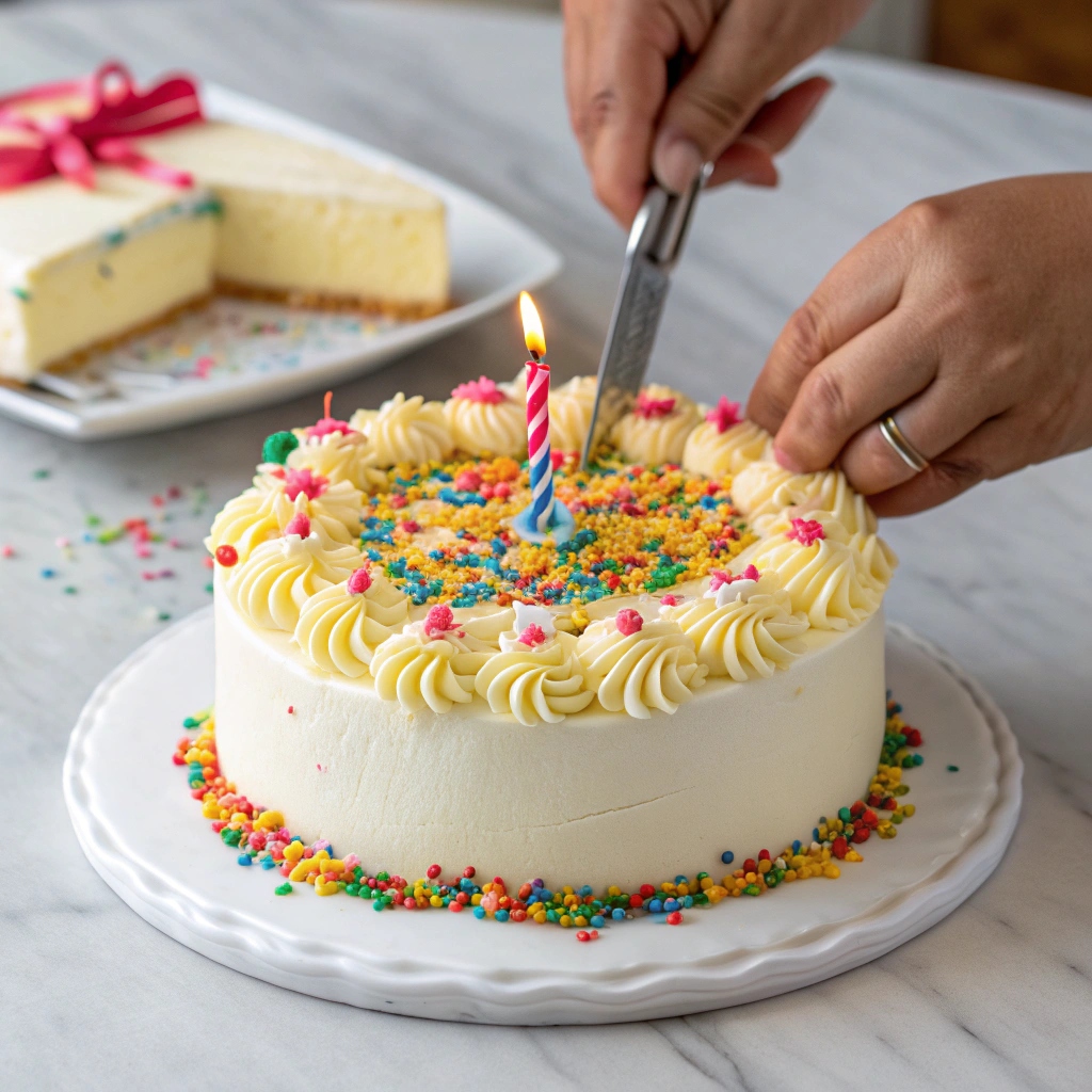 A person slicing into a homemade birthday cake with a serrated knife.
