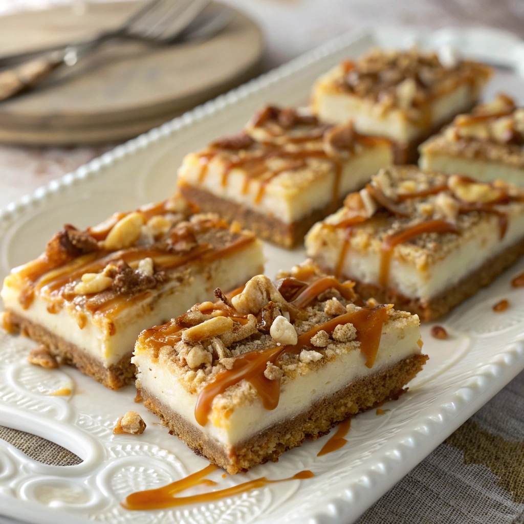 Freshly sliced Caramel Apple Cheesecake Bars with caramel drizzle and chopped nuts on a decorative plate