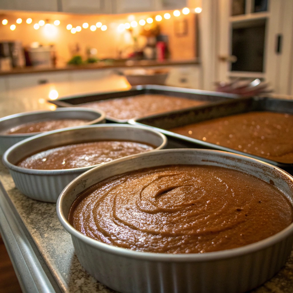 Layered gingerbread batter in cake pans ready for baking