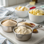 Measuring cups filled with flour, sugar, and butter arranged on a kitchen countertop.