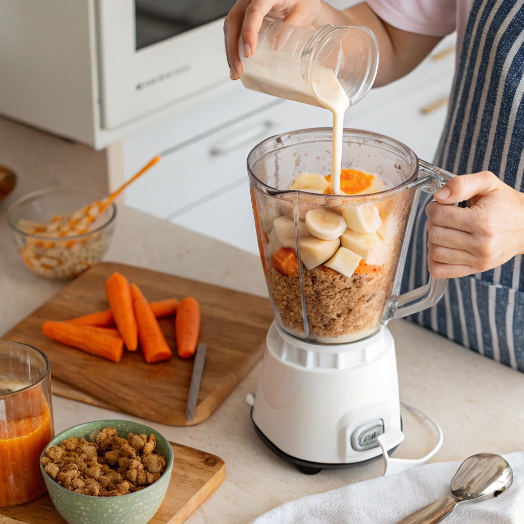 Mixing blended carrots, bananas, and milk for Carrot Cake Baked Oats.