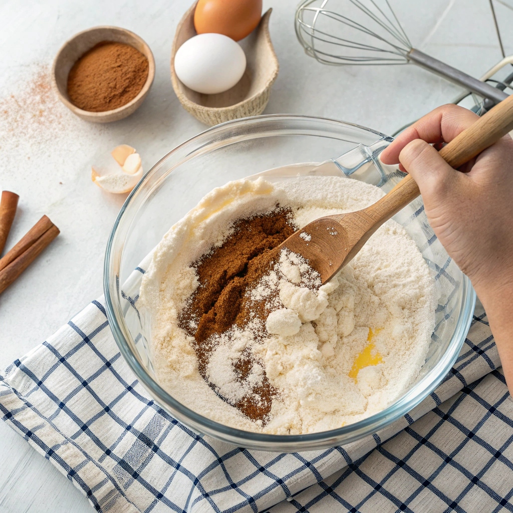 Mixing flour, sugar, baking powder, and cinnamon in a bowl for cinnamon roll muffin batter.