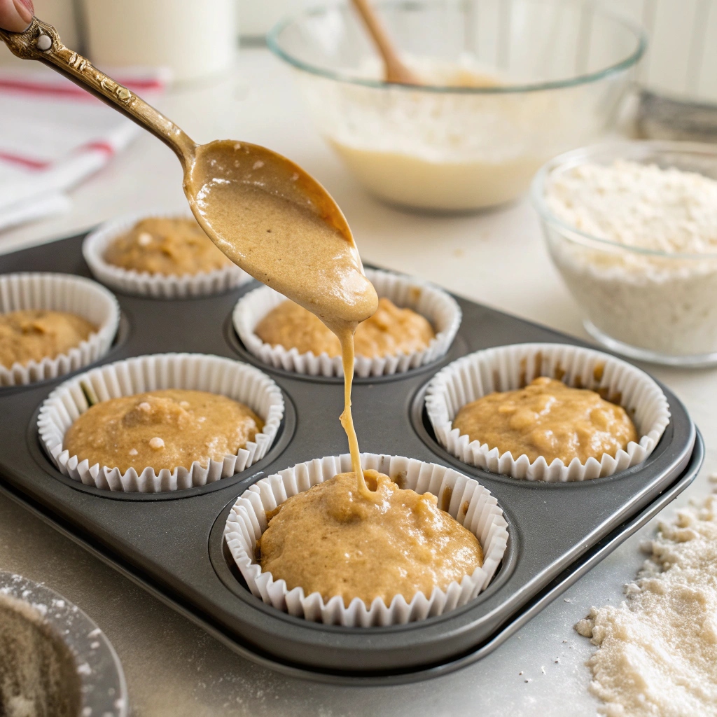 Muffin batter spooned into muffin tin lined with paper cups, ready to bake