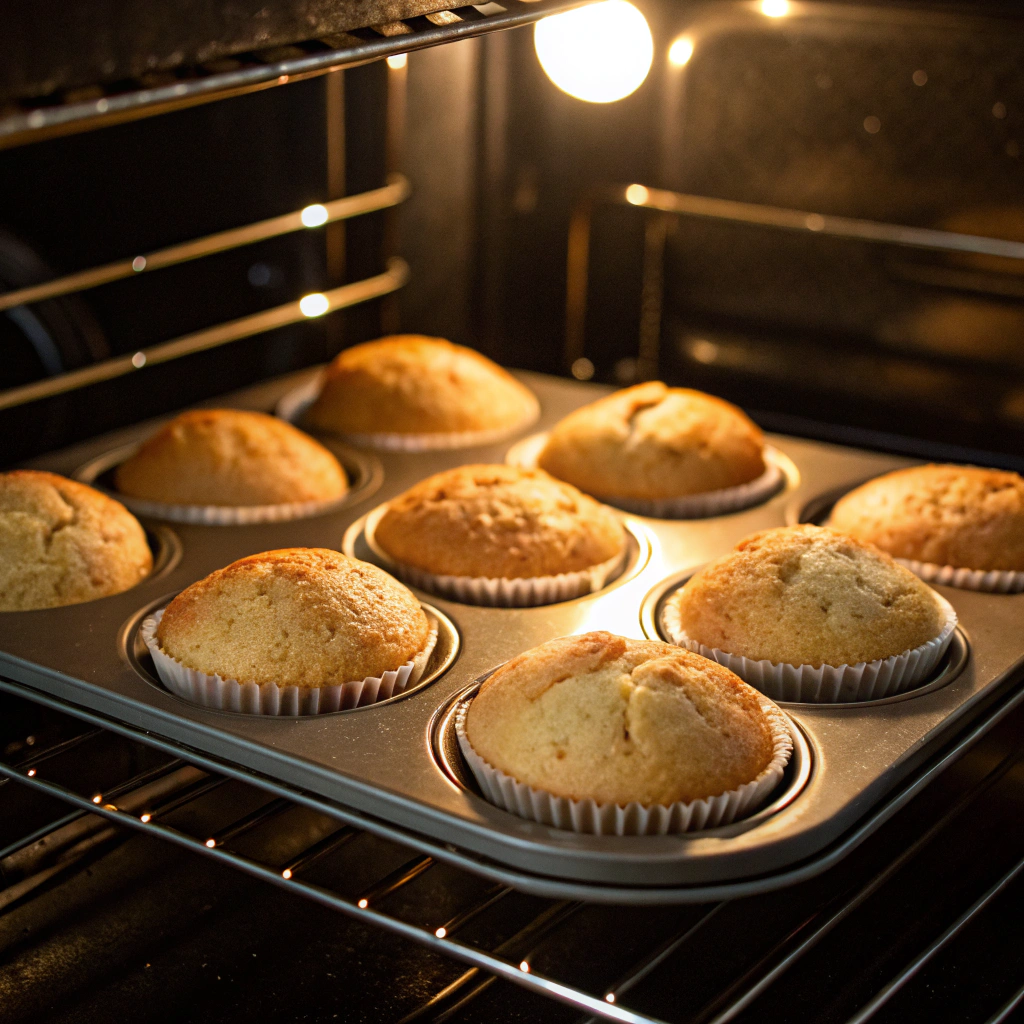 Muffins baking in the oven at 350°F for perfect rise and moist texture