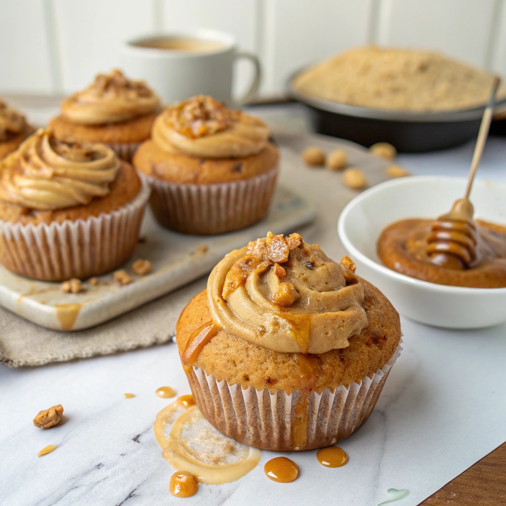 Muffins topped with a swirl of nut butter and a drizzle of honey