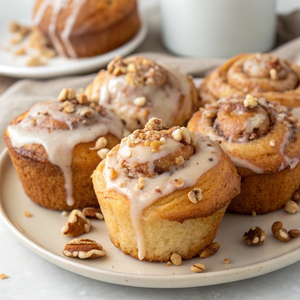 Cream cheese glaze being drizzled over warm cinnamon roll muffins.